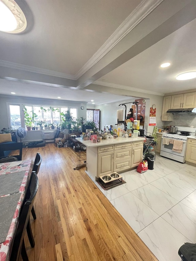 kitchen with a kitchen bar, ornamental molding, a center island, and gas range gas stove