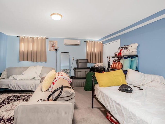 carpeted bedroom featuring a wall unit AC