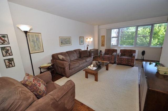 living room with parquet flooring