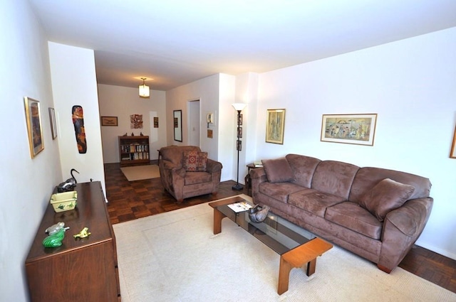 living room with parquet floors