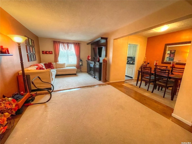 carpeted living room featuring a textured ceiling