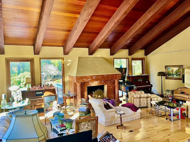 6 Hidden Pond, Muttontown, NY 11545 - living room with wood finished floors, healthy amount of natural light, a high end fireplace, and wooden ceiling