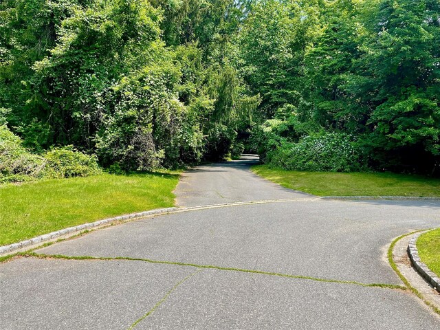 6 Hidden Pond, Muttontown, NY 11545 - view of asphalt road featuring curbs and a wooded view