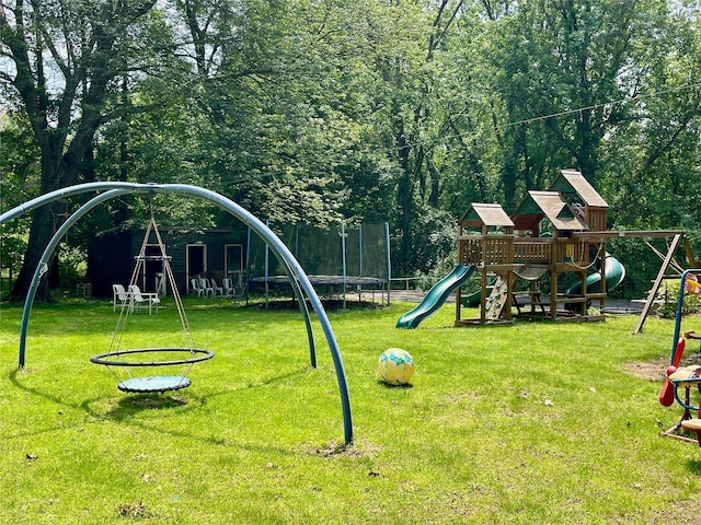 6 Hidden Pond, Muttontown, NY 11545 - view of playground featuring a trampoline and a yard