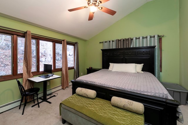 bedroom with ceiling fan, a baseboard radiator, light carpet, and vaulted ceiling