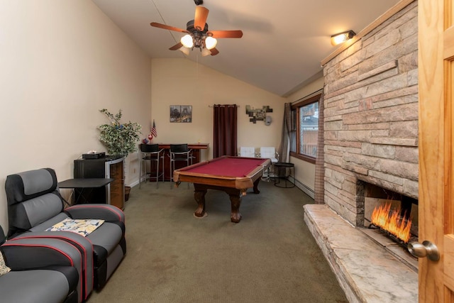 playroom with ceiling fan, baseboard heating, billiards, vaulted ceiling, and carpet