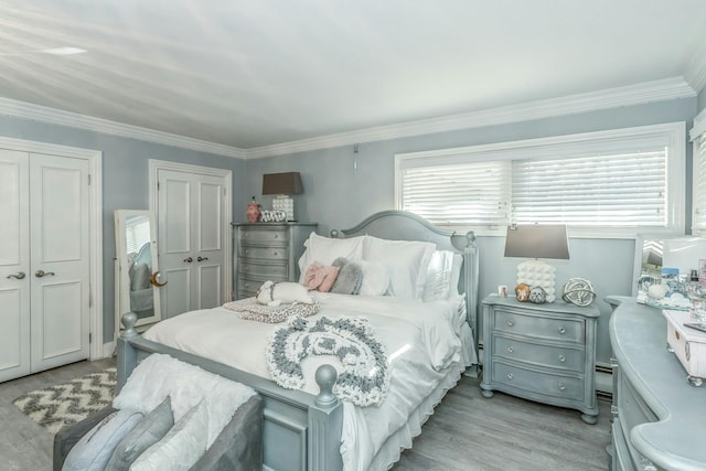 bedroom with a closet, ornamental molding, and light wood-type flooring