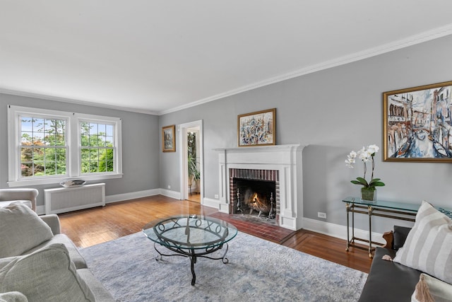 living room featuring hardwood / wood-style flooring, radiator heating unit, ornamental molding, and a fireplace