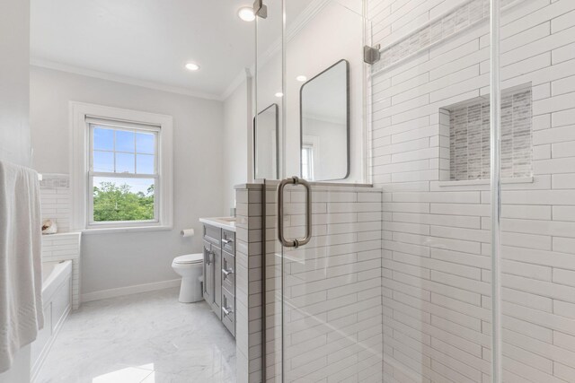 full bathroom with toilet, vanity, independent shower and bath, and crown molding