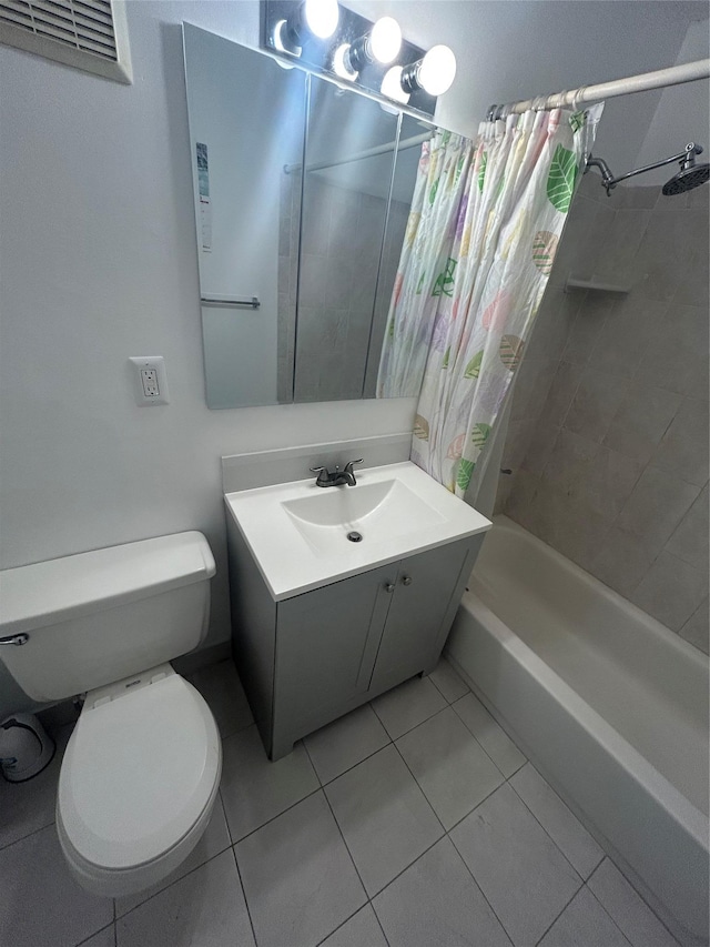 full bathroom featuring toilet, shower / tub combo, tile patterned floors, and vanity