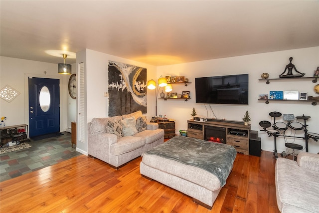 living room with baseboard heating and wood-type flooring