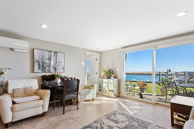 interior space featuring a water view and a wall unit AC