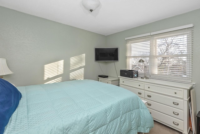 bedroom with light colored carpet