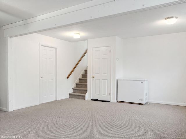 basement with carpet and fridge