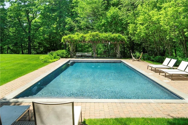 view of swimming pool featuring a yard and a patio area