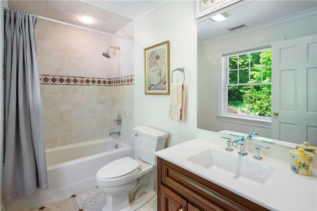 full bathroom featuring vanity, ornamental molding, shower / tub combo, and toilet