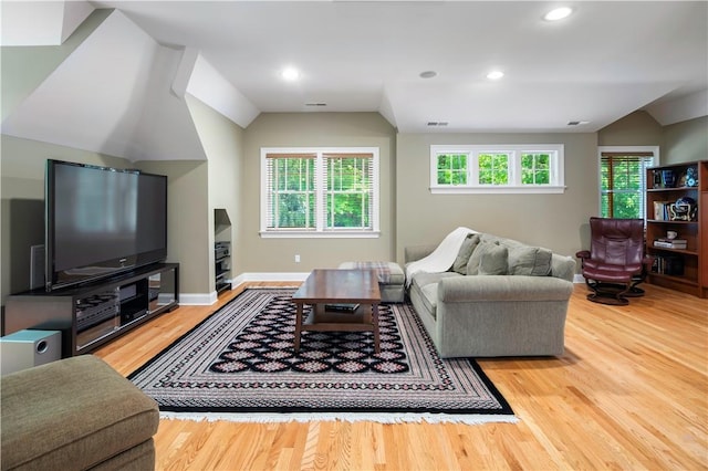 living room with lofted ceiling and wood-type flooring