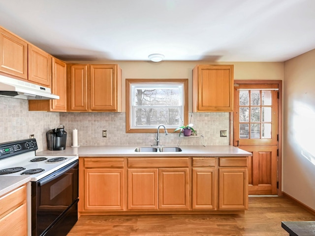 kitchen with backsplash, sink, white electric range oven, and light wood-type flooring