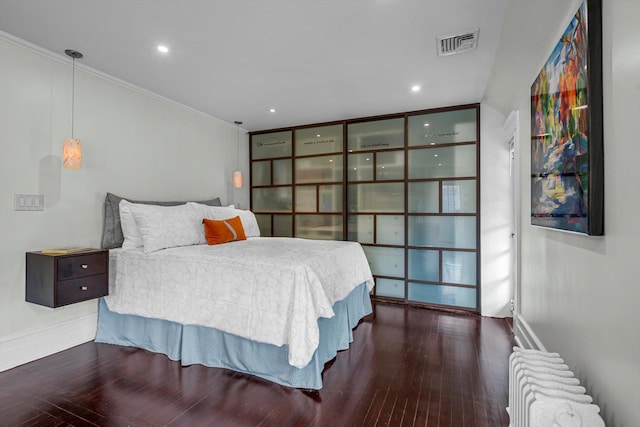 bedroom featuring radiator heating unit and dark hardwood / wood-style floors