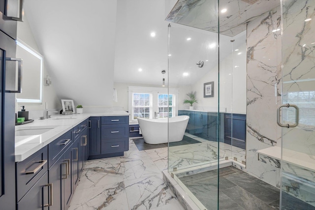 bathroom featuring plus walk in shower, vaulted ceiling, tile walls, and vanity