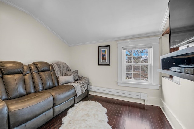 living room featuring vaulted ceiling, dark wood-type flooring, and crown molding