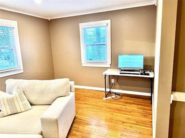 home office with hardwood / wood-style floors and crown molding