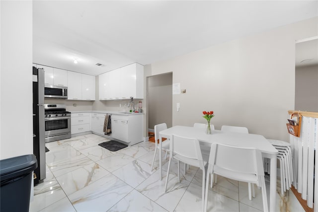 kitchen featuring stainless steel appliances, white cabinetry, and sink