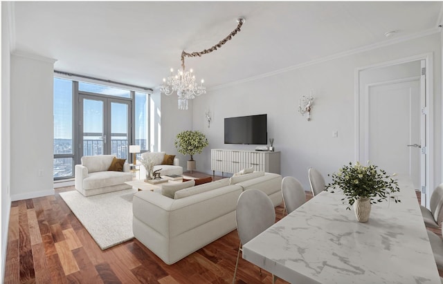 living area featuring french doors, wood finished floors, floor to ceiling windows, and ornamental molding