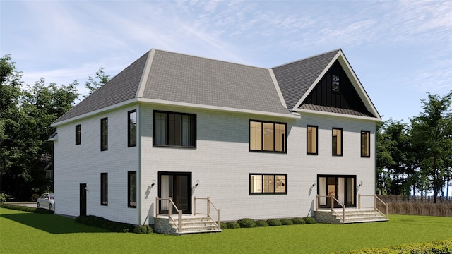 LOT11003 Baldwin Path, Dix Hills, NY 11746 - rear view of property featuring a lawn, a standing seam roof, and brick siding