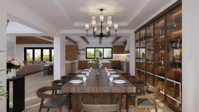 LOT11003 Baldwin Path, Dix Hills, NY 11746 - dining area with beamed ceiling, hardwood / wood-style floors, an inviting chandelier, and a tray ceiling