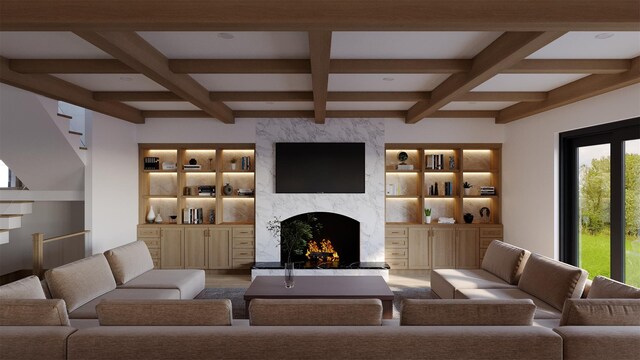 LOT11003 Baldwin Path, Dix Hills, NY 11746 - living room with coffered ceiling, a fireplace, and beamed ceiling