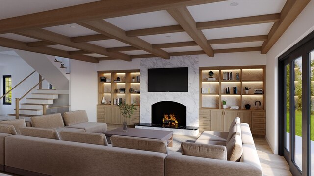 LOT11003 Baldwin Path, Dix Hills, NY 11746 - living room with coffered ceiling, built in shelves, a premium fireplace, and beamed ceiling