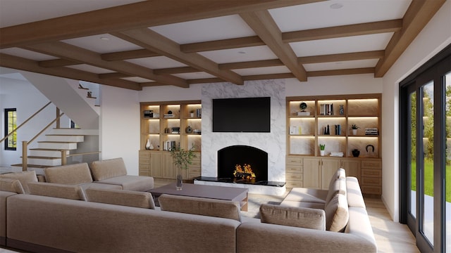 LOT11003 Baldwin Path, Dix Hills, NY 11746 - living room featuring coffered ceiling, beam ceiling, a premium fireplace, and stairway