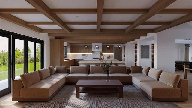 LOT11003 Baldwin Path, Dix Hills, NY 11746 - living room with coffered ceiling, beam ceiling, and hardwood / wood-style flooring