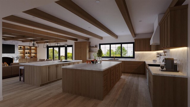 LOT11003 Baldwin Path, Dix Hills, NY 11746 - kitchen with a kitchen island, a fireplace, sink, backsplash, and light wood-type flooring
