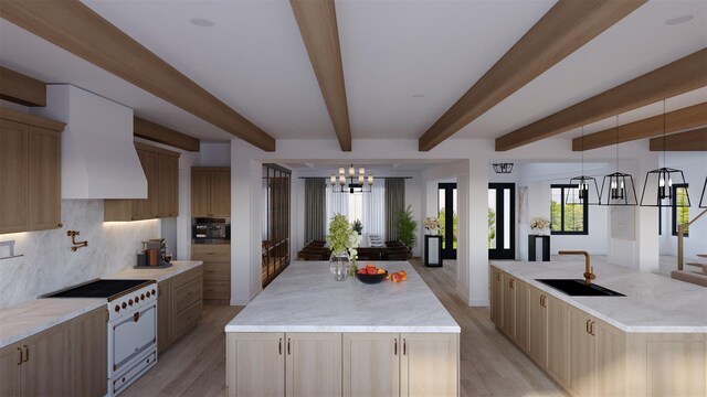 LOT11003 Baldwin Path, Dix Hills, NY 11746 - kitchen with electric stove, sink, a spacious island, decorative backsplash, and custom exhaust hood