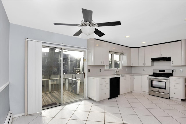 kitchen featuring white cabinetry, sink, black dishwasher, stainless steel gas range oven, and a baseboard heating unit