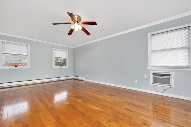 empty room with wood-type flooring, a baseboard radiator, ceiling fan, and crown molding