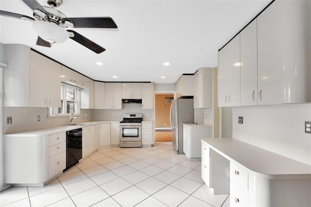 kitchen featuring light tile patterned flooring, ceiling fan, white cabinets, and stainless steel appliances