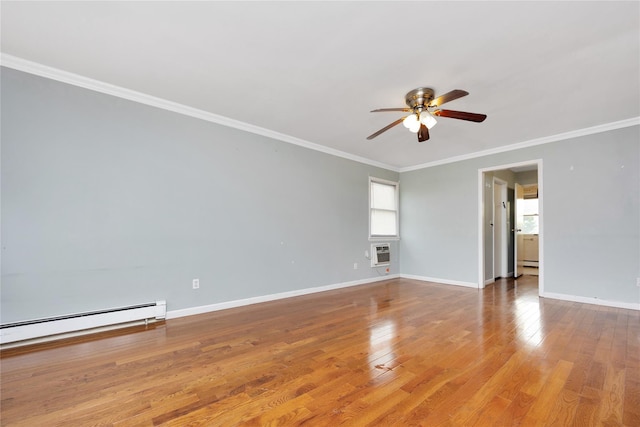 empty room with a wall unit AC, ceiling fan, crown molding, wood-type flooring, and a baseboard radiator