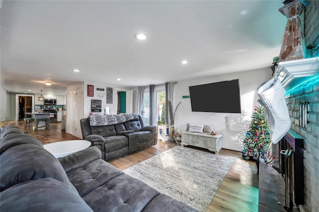 living room with hardwood / wood-style flooring and a fireplace