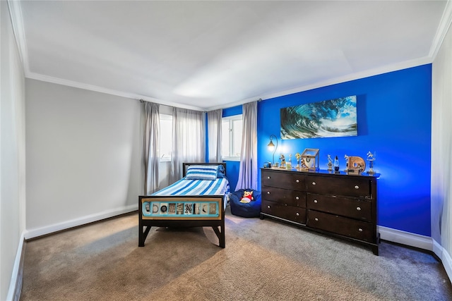 bedroom with carpet flooring and ornamental molding