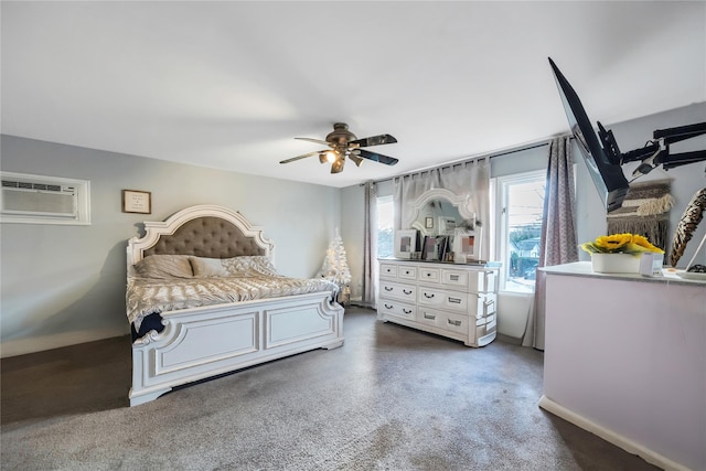 bedroom featuring a wall mounted AC and ceiling fan