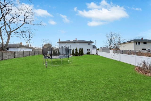 rear view of house featuring a yard and a trampoline