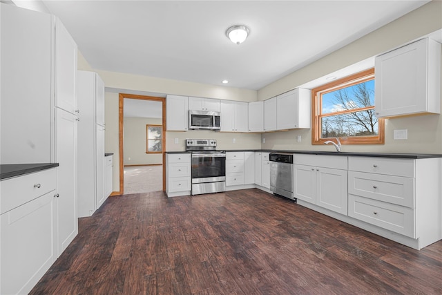 kitchen with white cabinets, dark hardwood / wood-style flooring, and appliances with stainless steel finishes