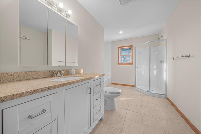 bathroom with tile patterned flooring, vanity, toilet, and a shower with door