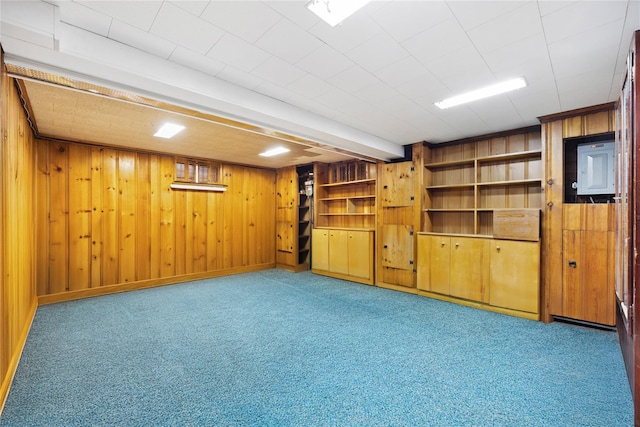 basement with carpet and wood walls