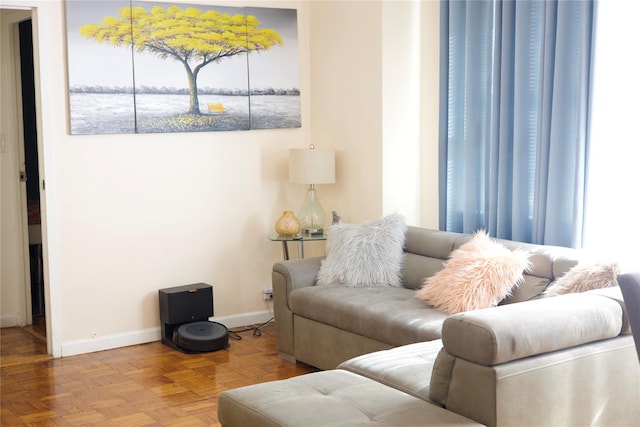 living room with parquet flooring