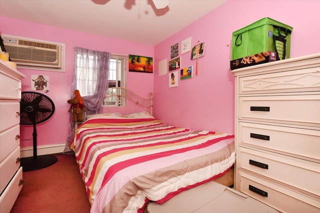 bedroom with ceiling fan, a wall unit AC, and a baseboard heating unit