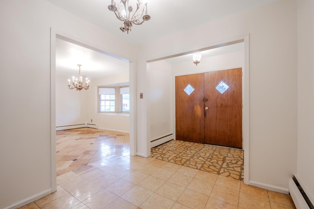 tiled foyer entrance featuring an inviting chandelier and a baseboard heating unit